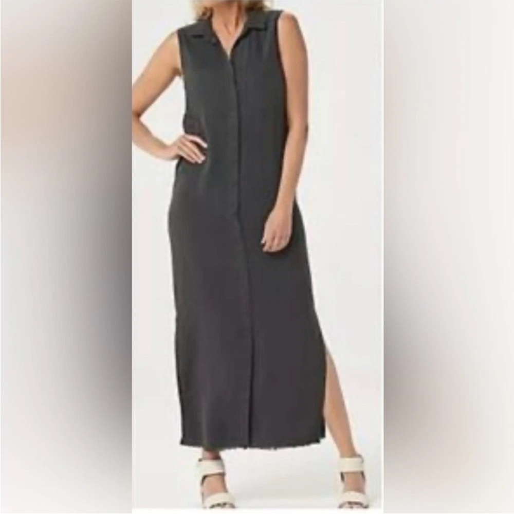 Side Stitch Sleeveless Charcoal Button-Front Maxi Dress